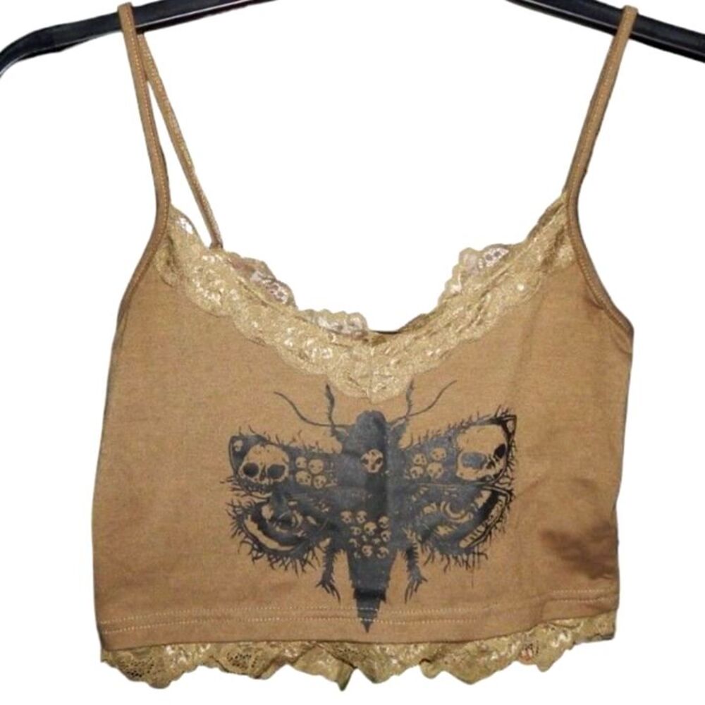 Romwe women's junior's small brown lace moth skull graphic crop tank top shirt